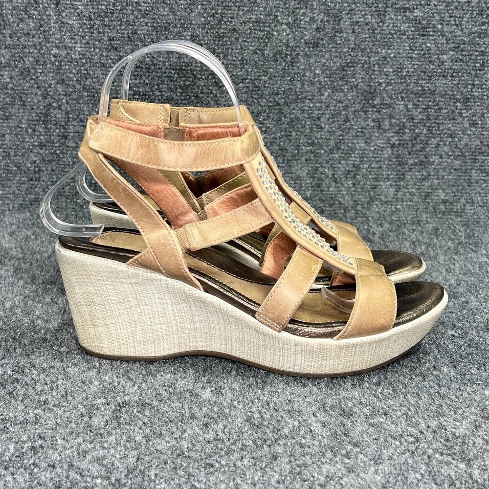 NAOT Platform Wedge Sandals Womens Size 7 Caramel Brown Leather Ankle Wrap Strap